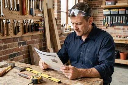 Homme en formation bricolage consultant un livret de cours dans un atelier artisanal bien organisé