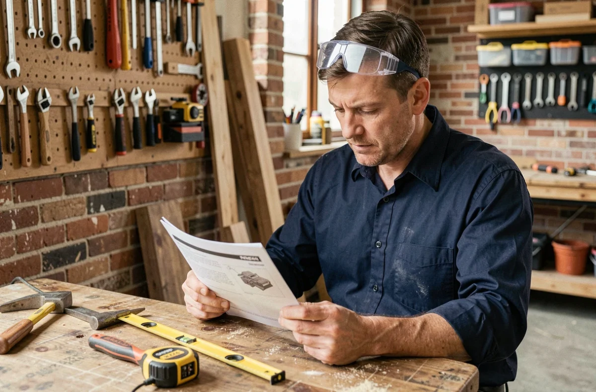 Homme en formation bricolage consultant un livret de cours dans un atelier artisanal bien organisé