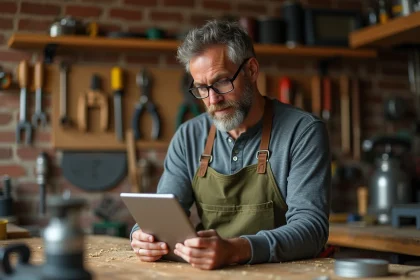 Artisan bricoleur consultant une formation en ligne bricoludik.fr sur tablette dans son atelier maison