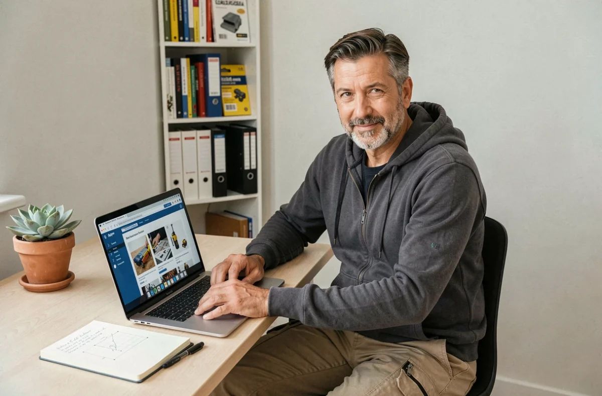 Homme de 45 ans en reconversion métier suivant une formation bricolage en ligne via le CPF sur ordinateur portable