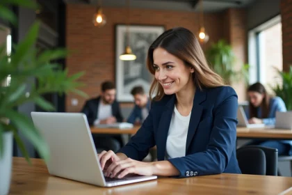 Femme professionnelle suivant une formation en ligne sur ordinateur portable dans un espace de coworking moderne