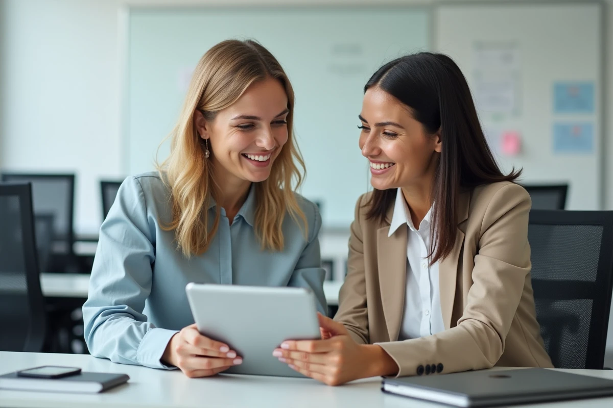 Formatrice et apprenante consultant ensemble la plateforme Moodle sur une tablette dans une salle de formation professionnelle
