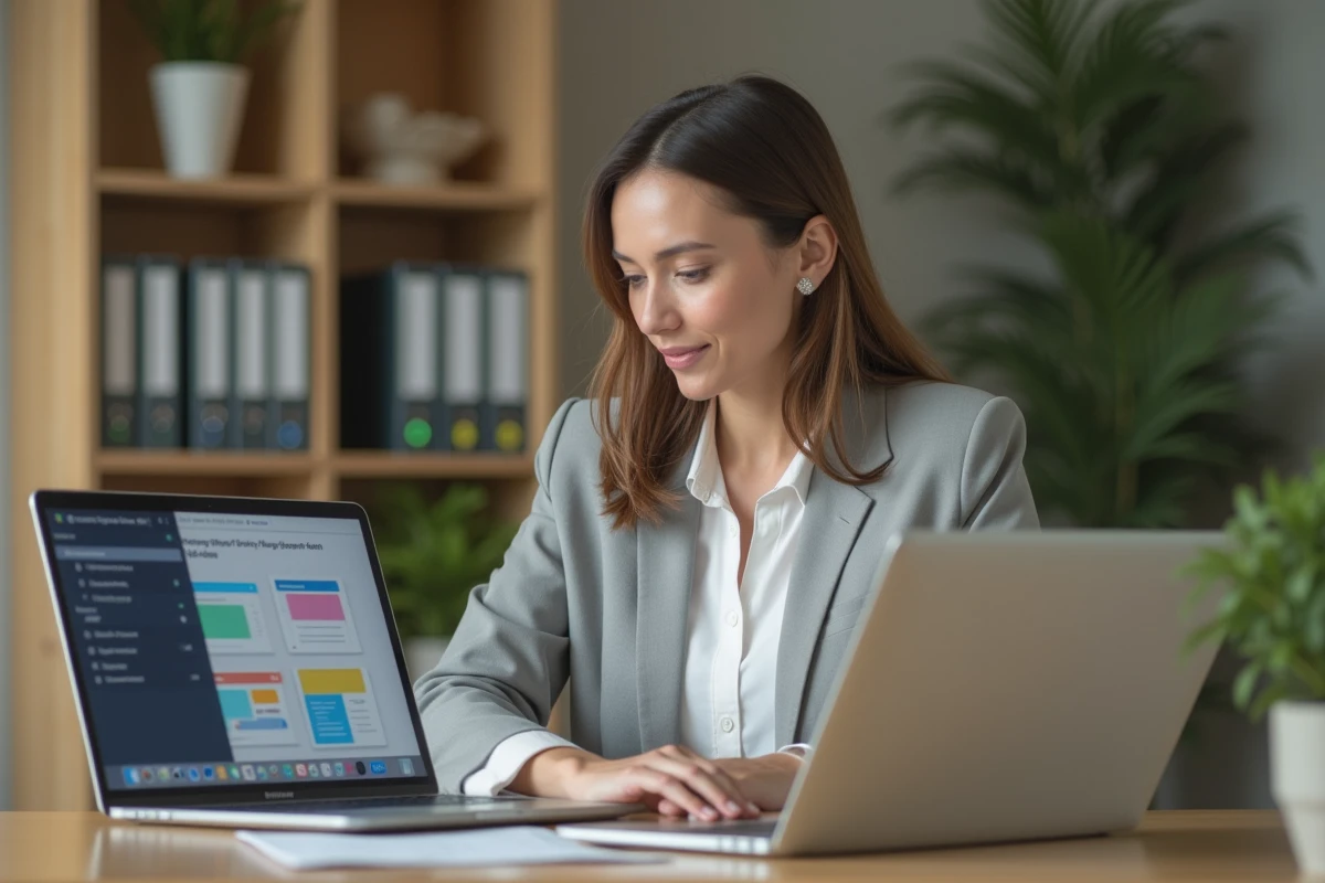 Formatrice organisant ses cours en ligne sur une plateforme Moodle depuis son bureau à domicile