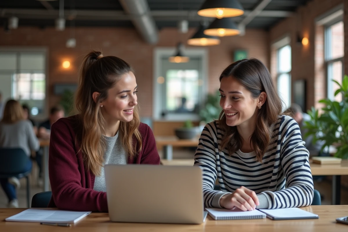 Deux formatrices collaborant sur la création de classes en ligne avec Moodle dans un espace de coworking