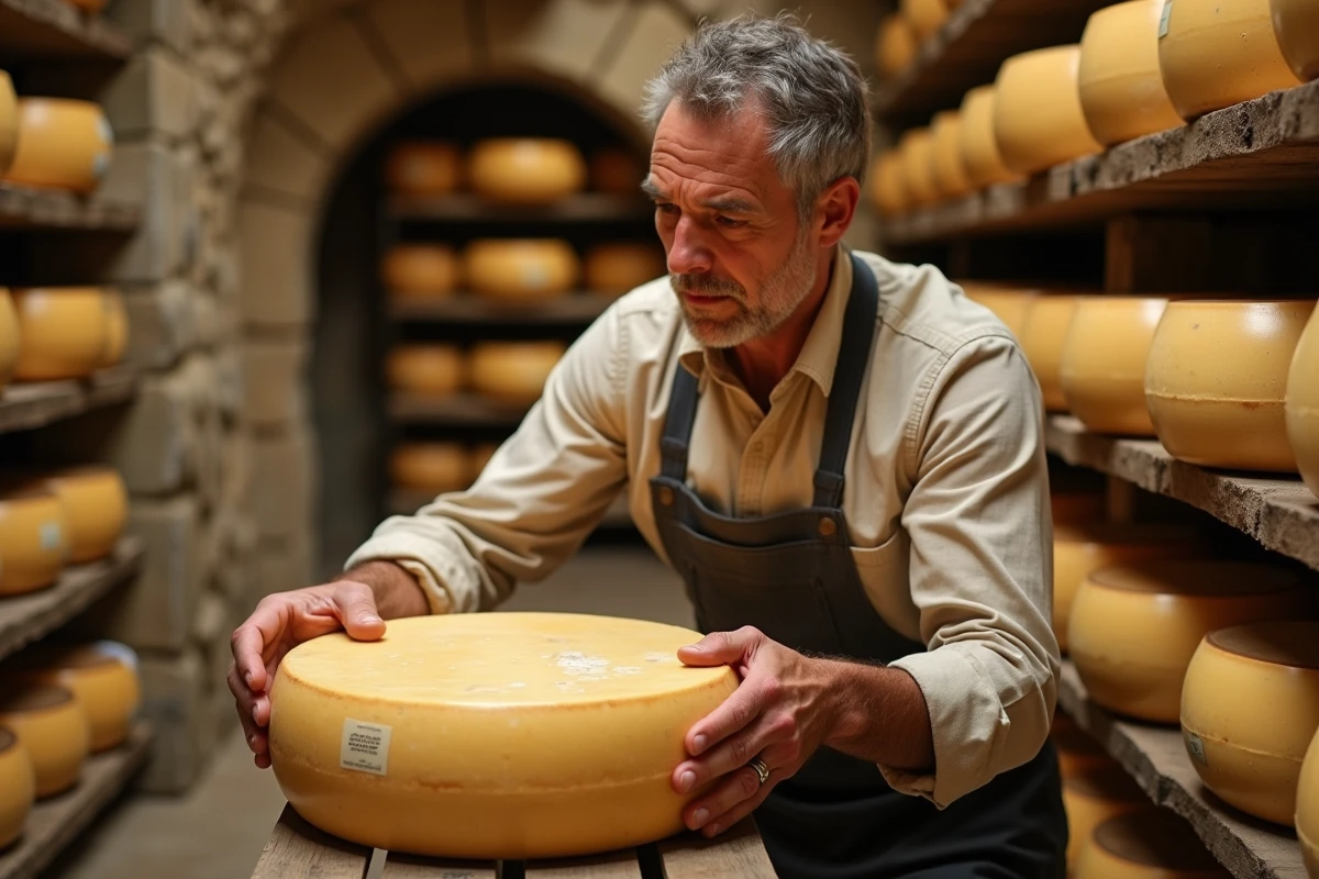 Fromager affineur inspectant une meule de fromage dans une cave en pierre, utilis&eacute; comme exemple de m&eacute;tier en Q pour illustrer un article p&eacute;dagogique