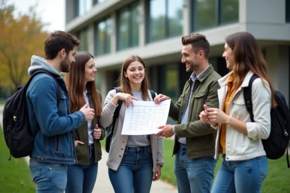 Groupe d'étudiants devant une université moderne