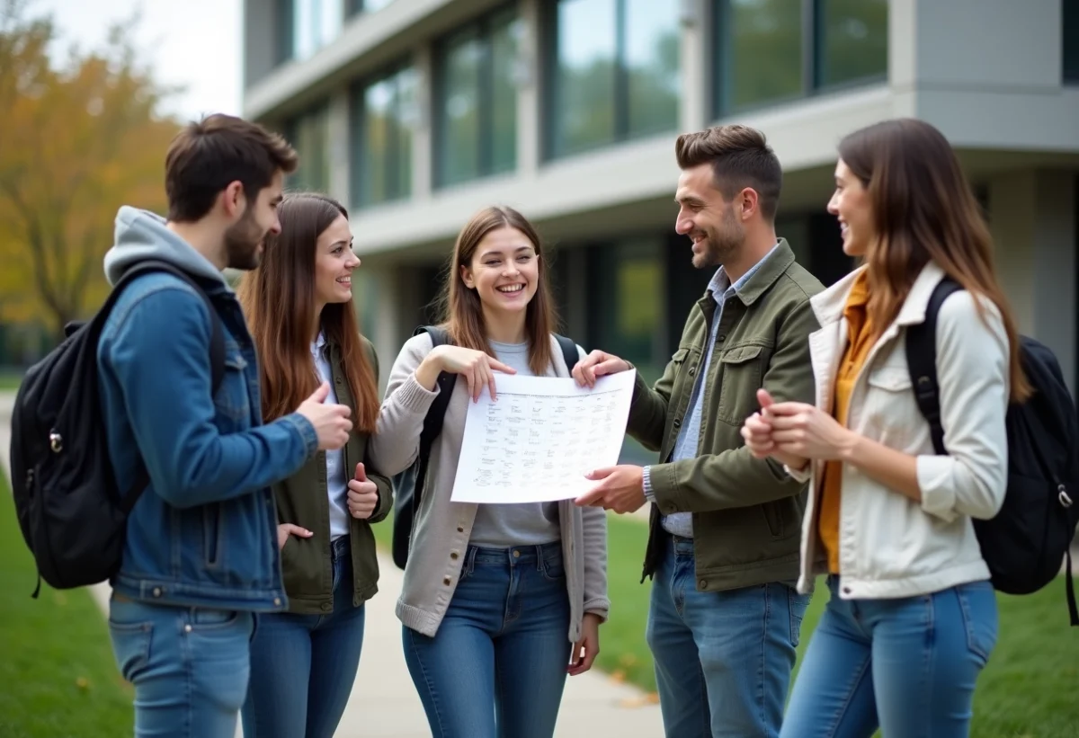 Groupe d'étudiants devant une université moderne