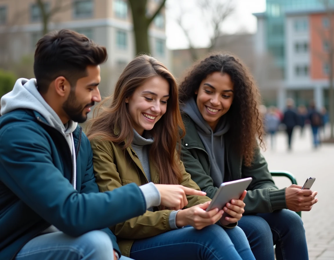 Groupe d'étudiants universitaires découvrant les nouveautés de Mycampus sur une tablette en extérieur sur le campus