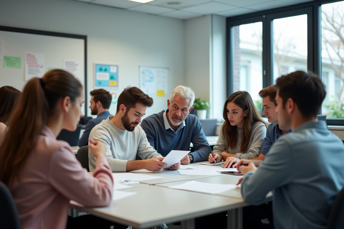 Jeunes adultes et formateur discutant autour de tables de formation