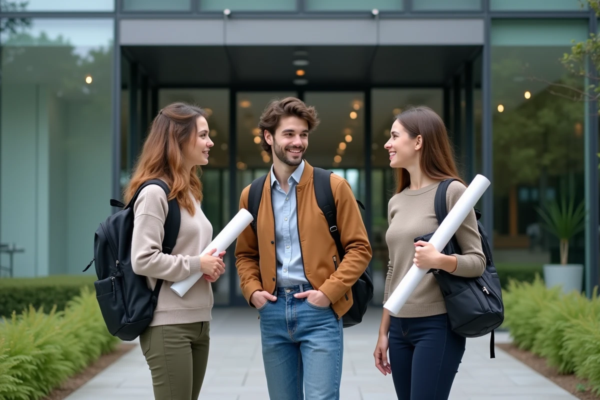 Groupe de jeunes professionnels devant un bâtiment moderne