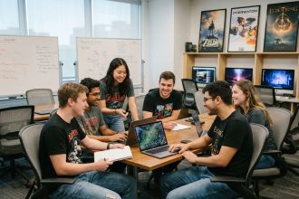 Groupe de jeunes adultes collaborant en salle moderne