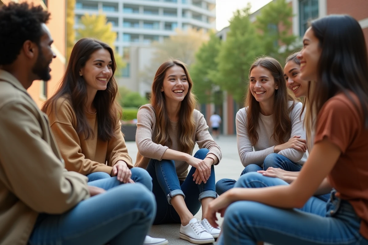 Groupe divers de jeunes en discussion dans une cour ensoleillee