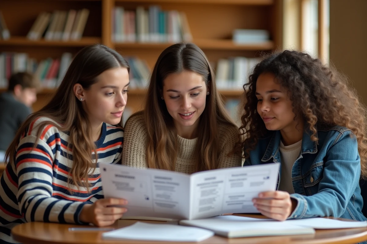 Groupe de lycéens en STMG discutant ensemble des métiers possibles autour d'un livret d'orientation en bibliothèque