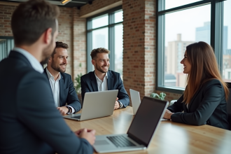 Groupe de quatre professionnels en réunion dans un bureau moderne
