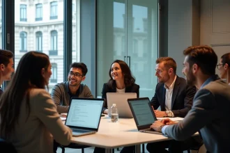 Groupe de professionnels en réunion dans un espace parisien