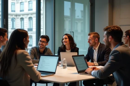 Groupe de professionnels en r&eacute;union dans un espace parisien