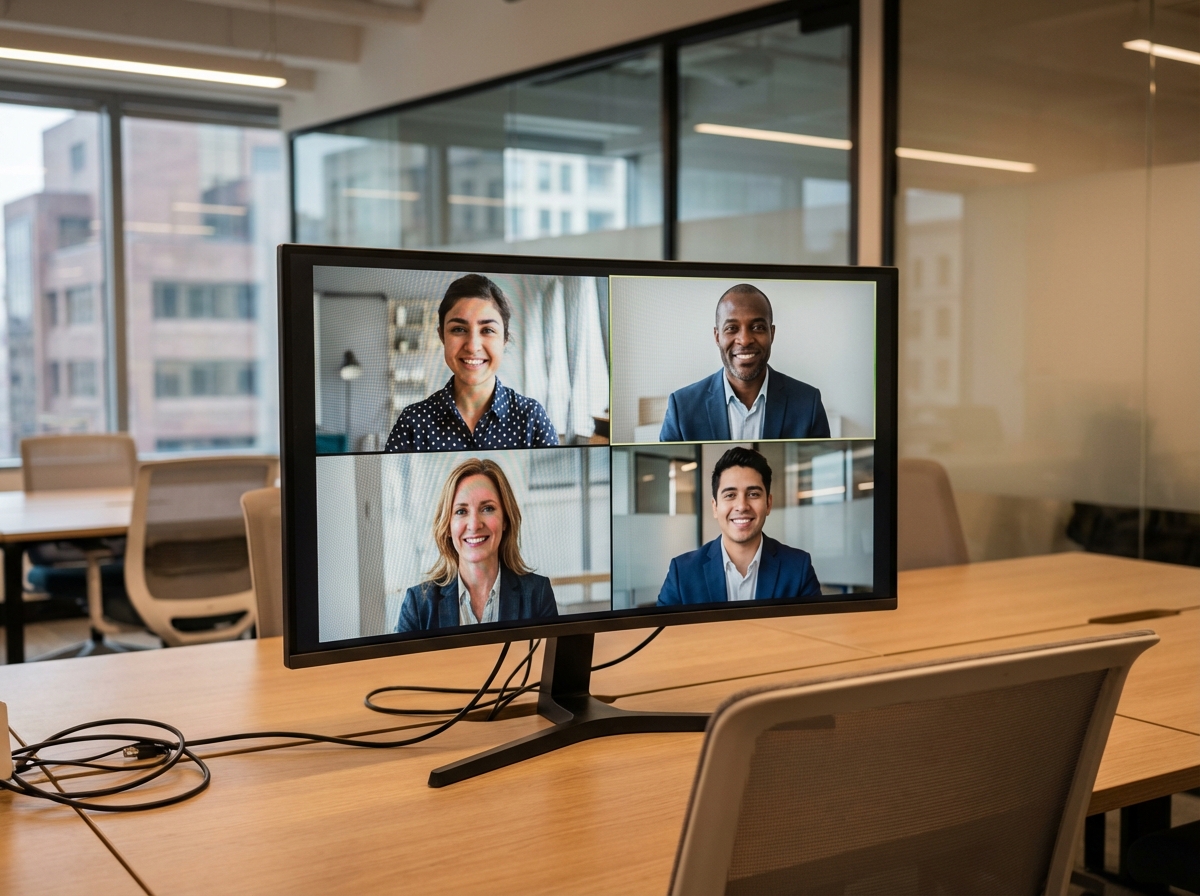 Groupe de quatre collègues en visioconference dans un espace moderne