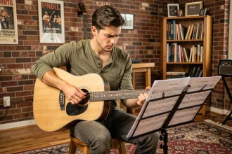 Jeune guitariste étudiant une tablature de Let It Be sur une partition posée sur un pupitre dans un studio à domicile chaleureux