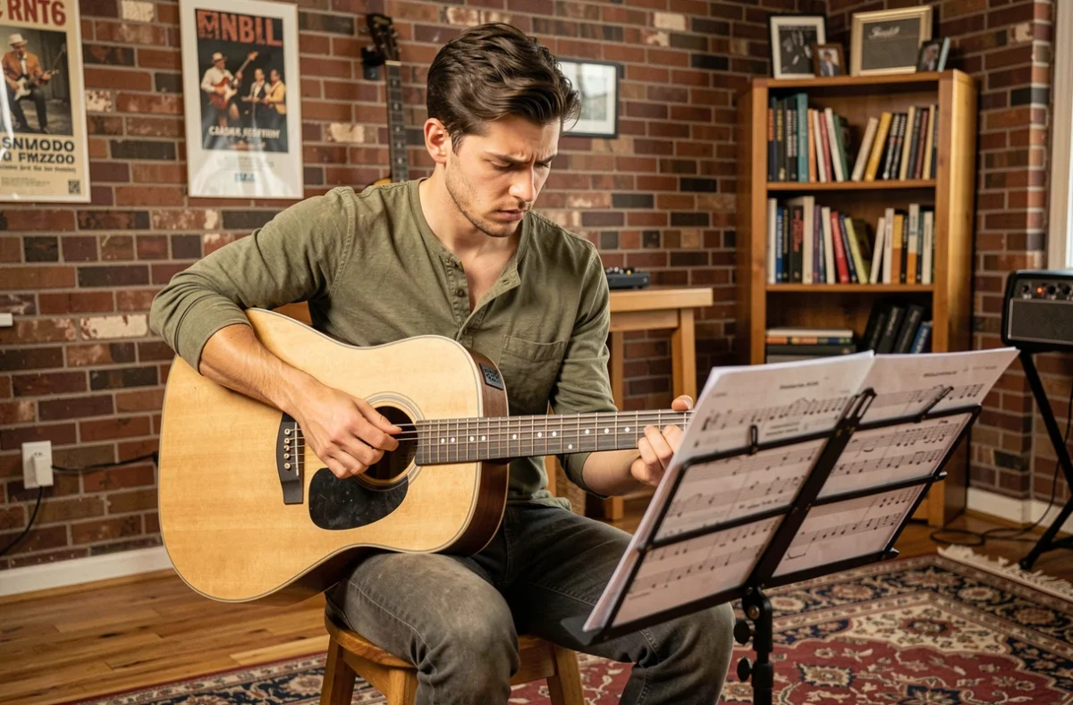 Jeune guitariste étudiant une tablature de Let It Be sur une partition posée sur un pupitre dans un studio à domicile chaleureux