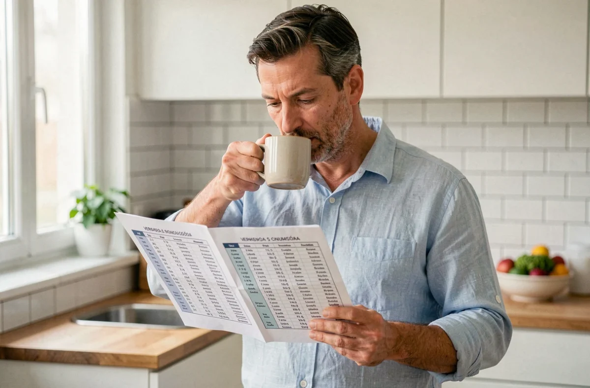 Homme adulte consultant un tableau de conjugaison espagnol imprimé dans une cuisine moderne pendant sa routine matinale