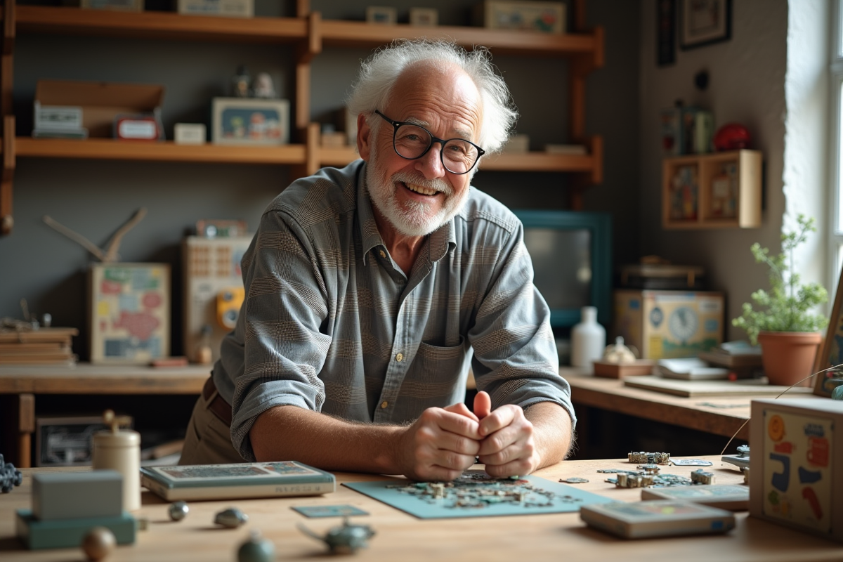 Homme examine un puzzle mécanique dans son atelier
