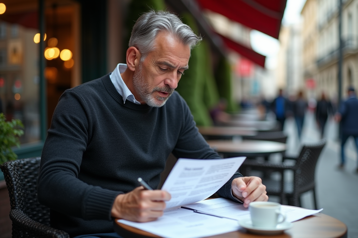 Homme lisant des brouillons de documents en extérieur