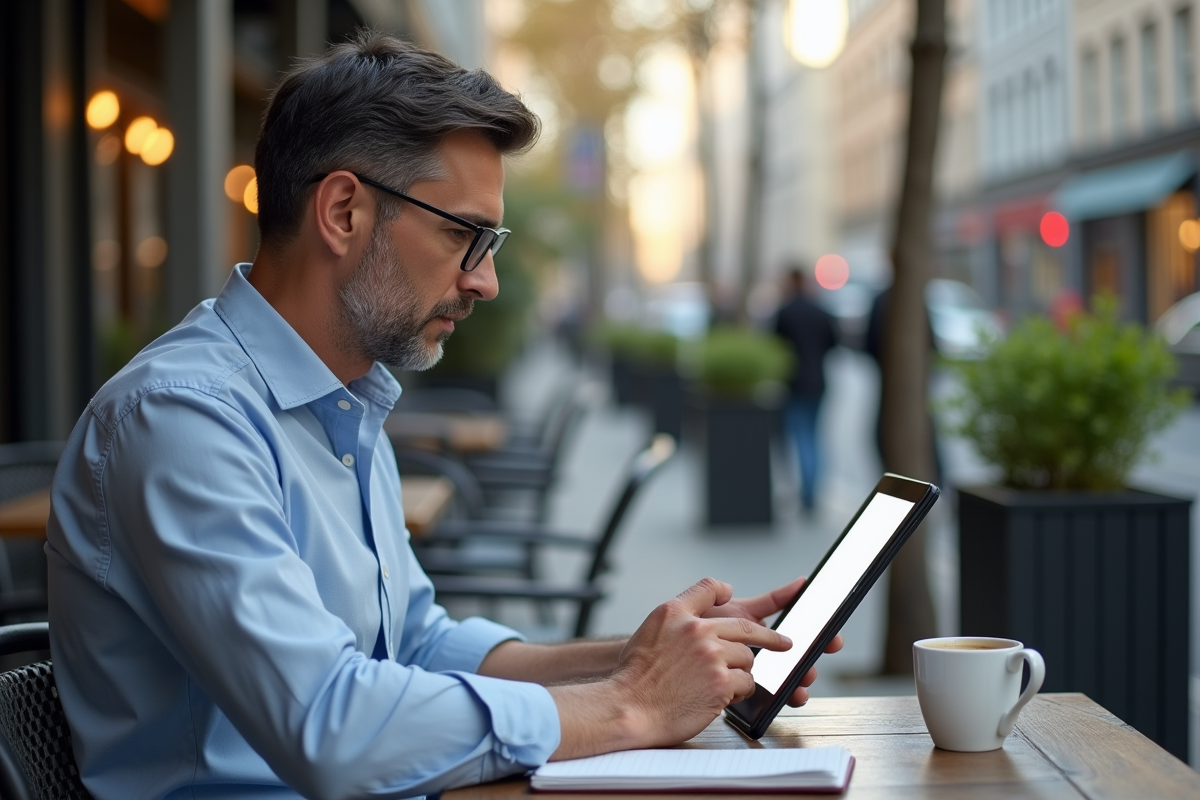 Homme lisant un cours AI au café en extérieur