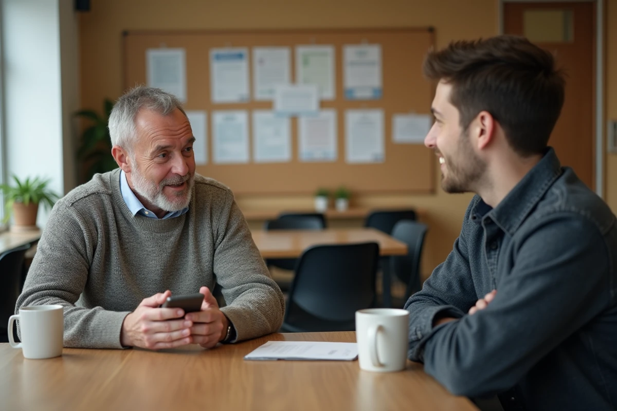 Homme discutant avec un coll&egrave;gue dans une salle de pause