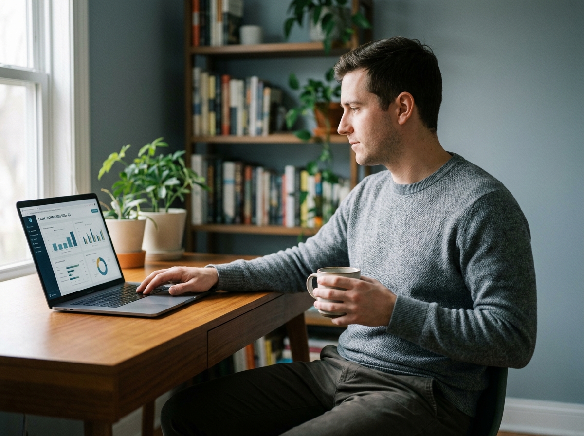 Homme consultant une plateforme de comparaison de salaires sur un ordinateur depuis son bureau à domicile