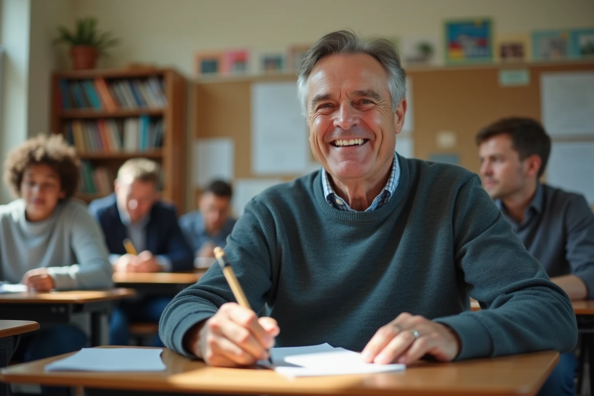 Homme souriant prenant des notes dans une salle de classe