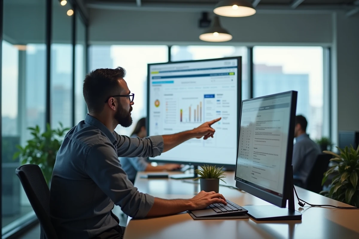 Homme en coworking collaborant avec tableau digital