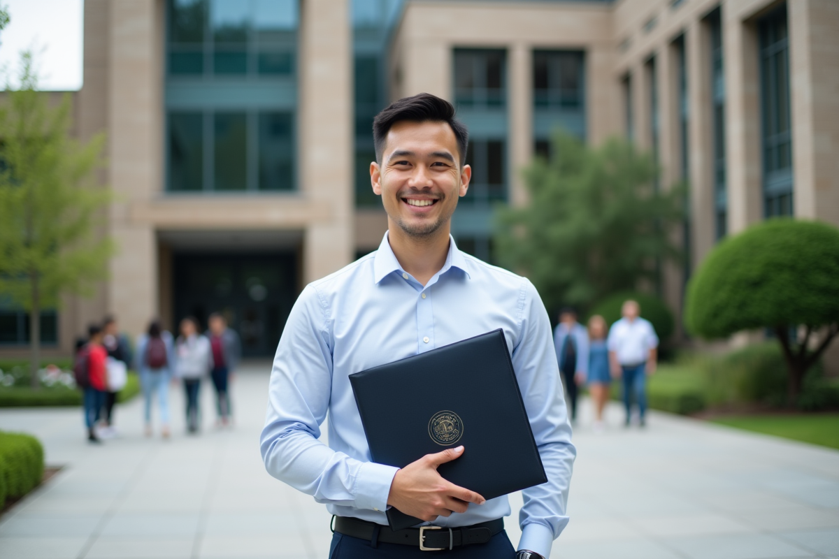 Homme avec diplôme devant un bâtiment universitaire moderne