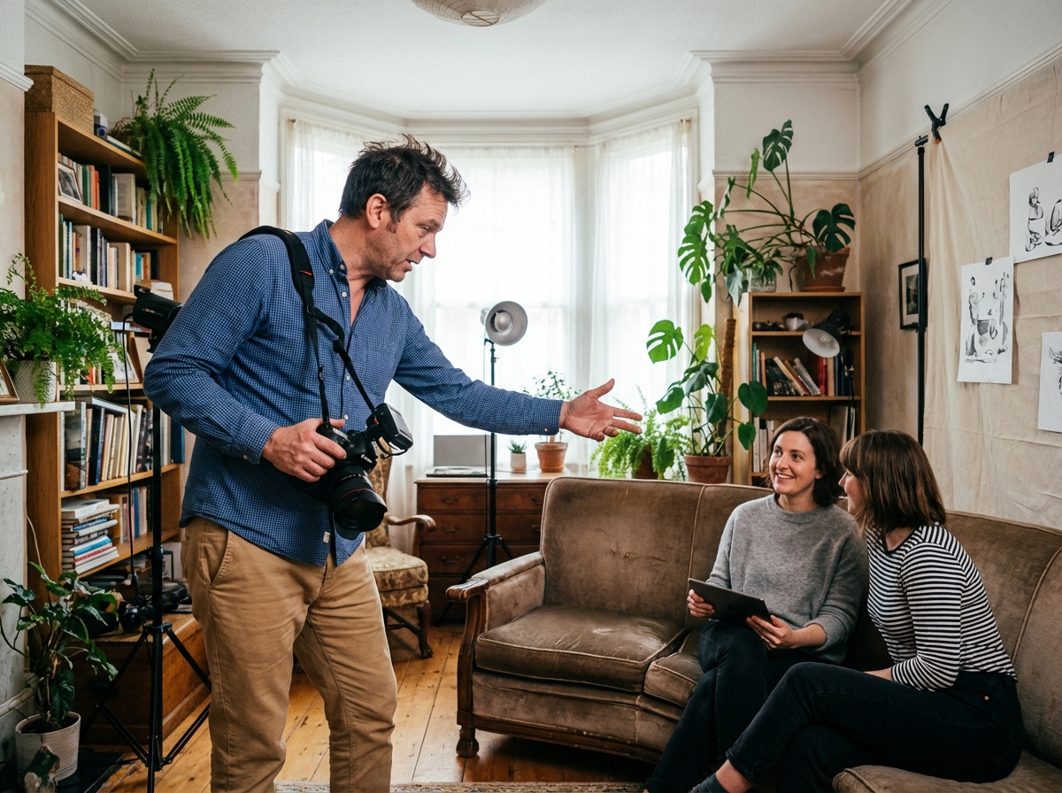 Homme dirigeant ses amis dans un studio maison cr&eacute;atif