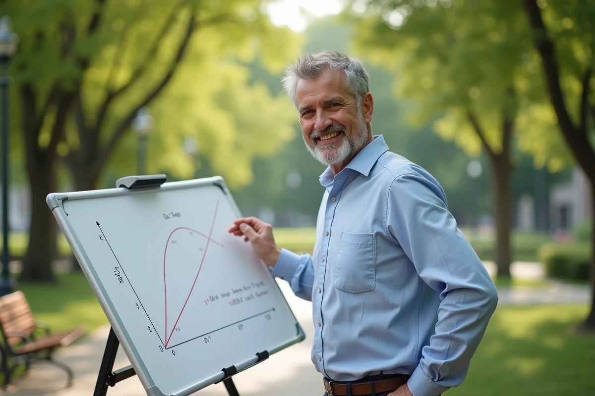 Homme enseignant avec diagramme dans un parc