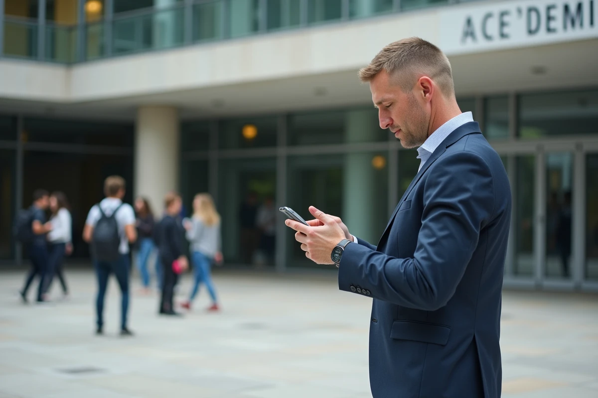 Homme vérifiant son smartphone devant une école moderne