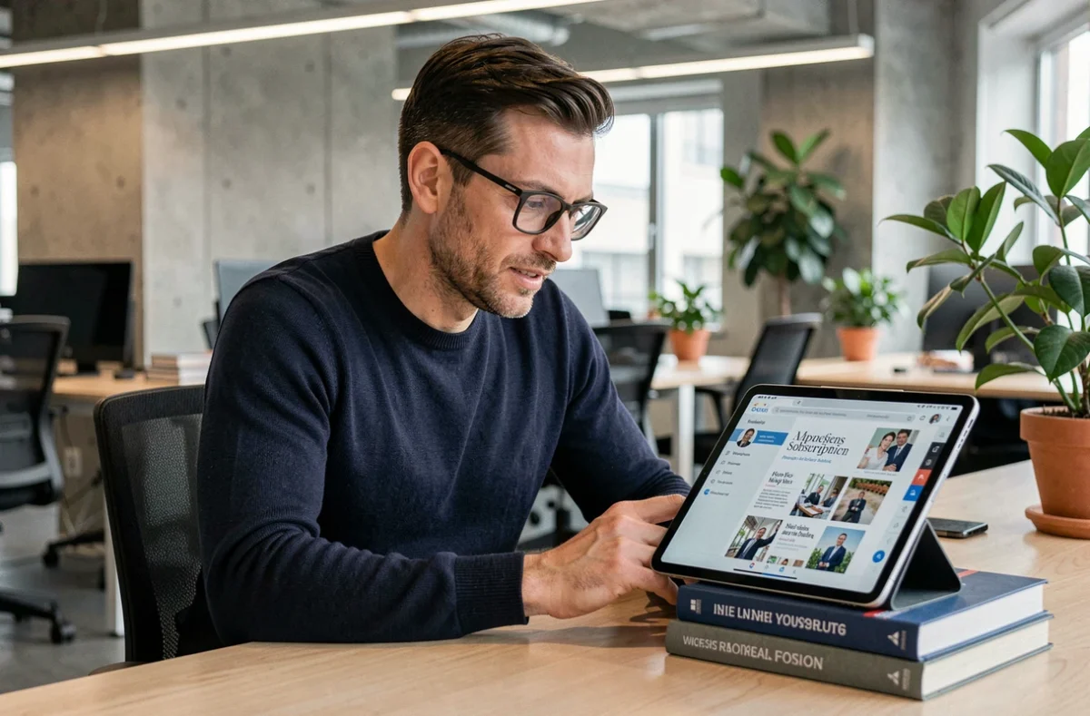 Homme entrepreneur consultant un abonnement magazine digital sur tablette dans un espace de coworking moderne
