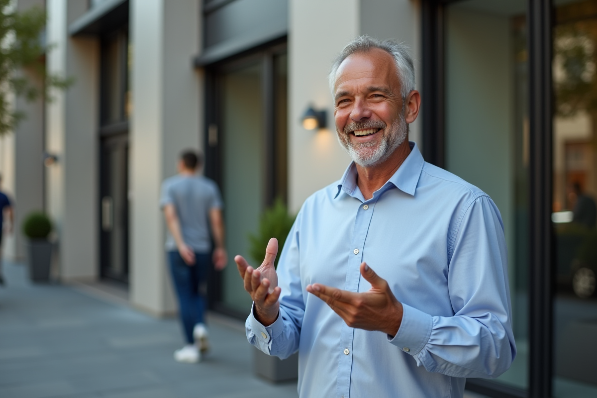 Homme souriant en extérieur près d