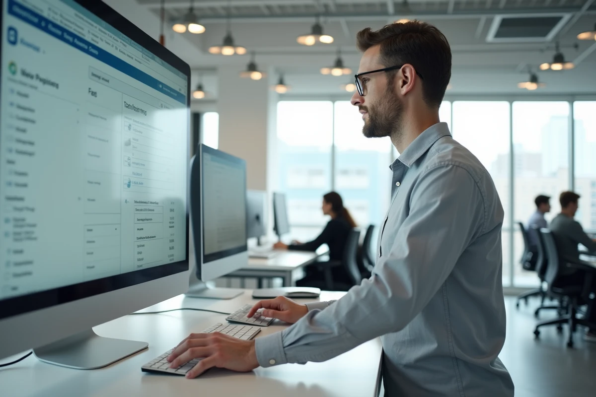 Homme utilisant un portail de gestion de formation net-ypareo dans un bureau administratif moderne