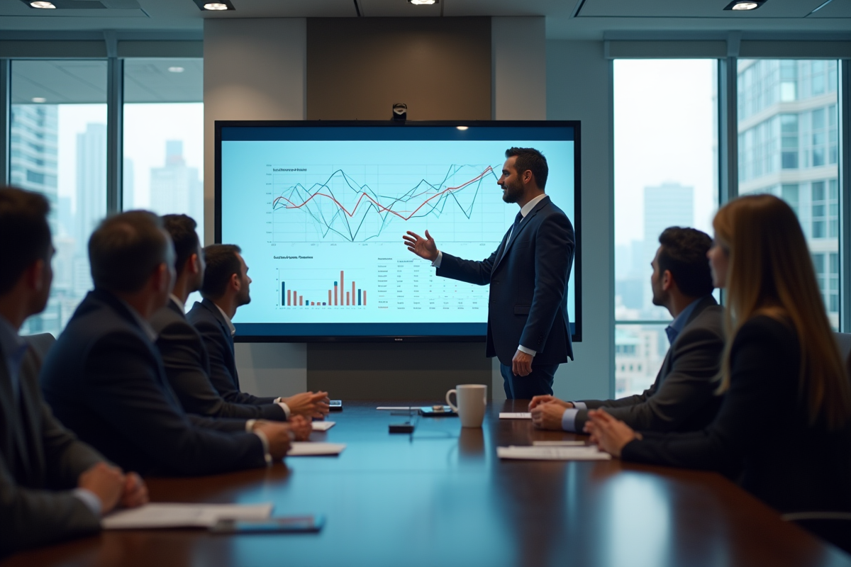 Homme en réunion présentant des résultats marketing