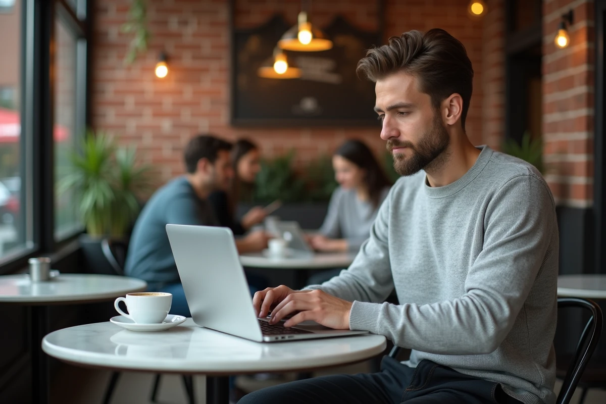 Homme rédigeant la conclusion de sa lettre de motivation dans un café avec un ordinateur portable