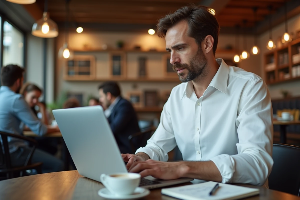 Entrepreneur consultant travaillant sur des campagnes de relance emailing dans un espace de coworking café moderne