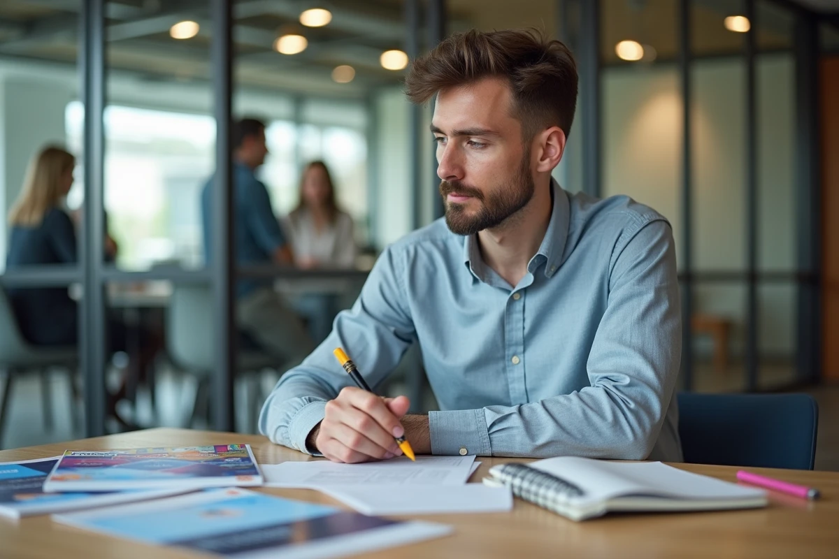 Homme en réunion avec documents et flyer Solus