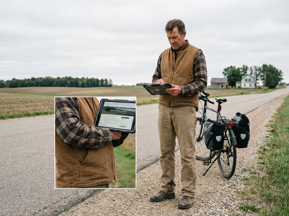 Homme en ext&eacute;rieur utilisant une tablette dans un paysage rural calme