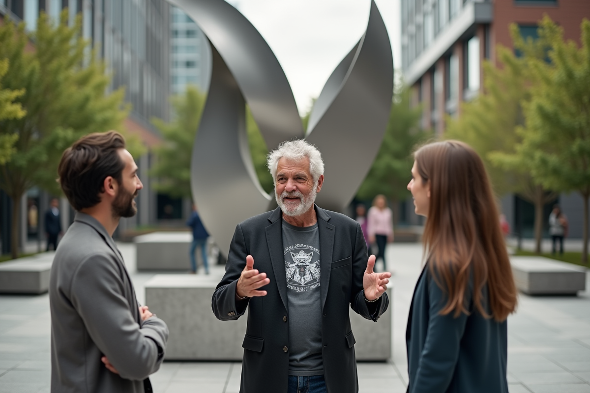Homme discutant devant sculpture en plein air