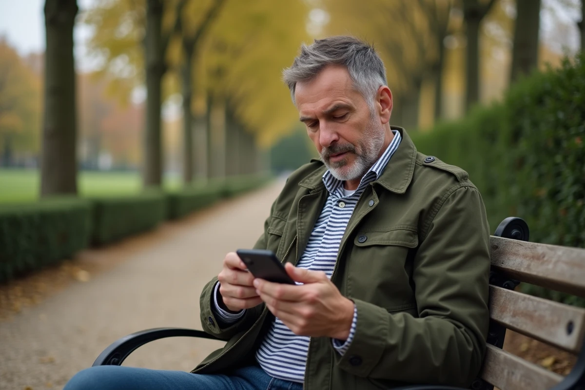 Homme d'âge mûr utilisant son smartphone pour accéder à Ent.ile-de-france.fr dans un parc francilien