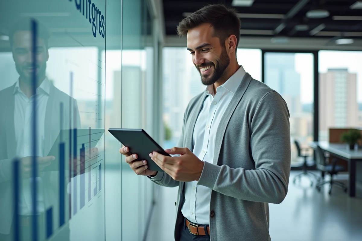 Homme d affaires v&eacute;rifiant ses progr&egrave;s sur une tablette