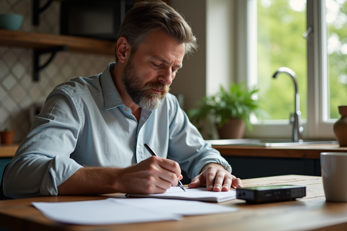 Homme transcrit une voix avec un enregistreur dans une cuisine