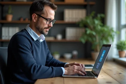 Homme d'&acirc;ge moyen travaillant sur un ordinateur avec &eacute;cran de s&eacute;curit&eacute;