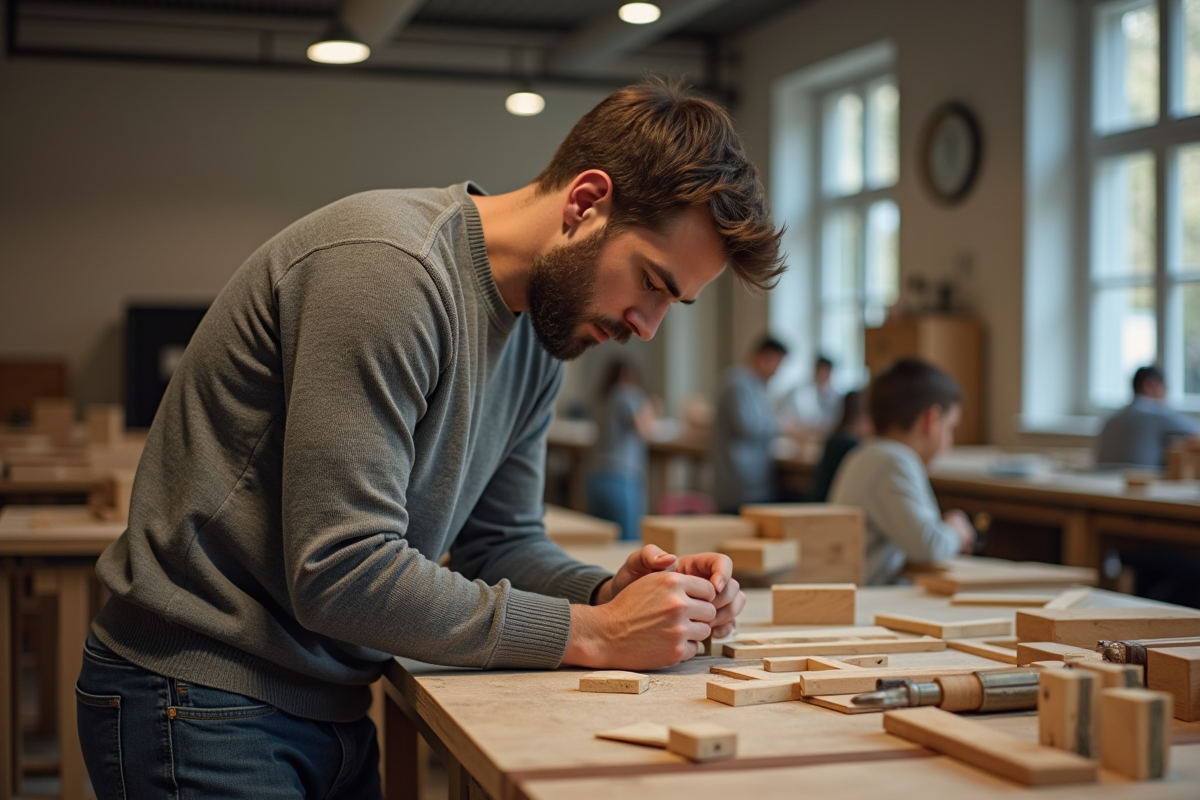 Homme en train de travailler le bois dans un atelier de formation