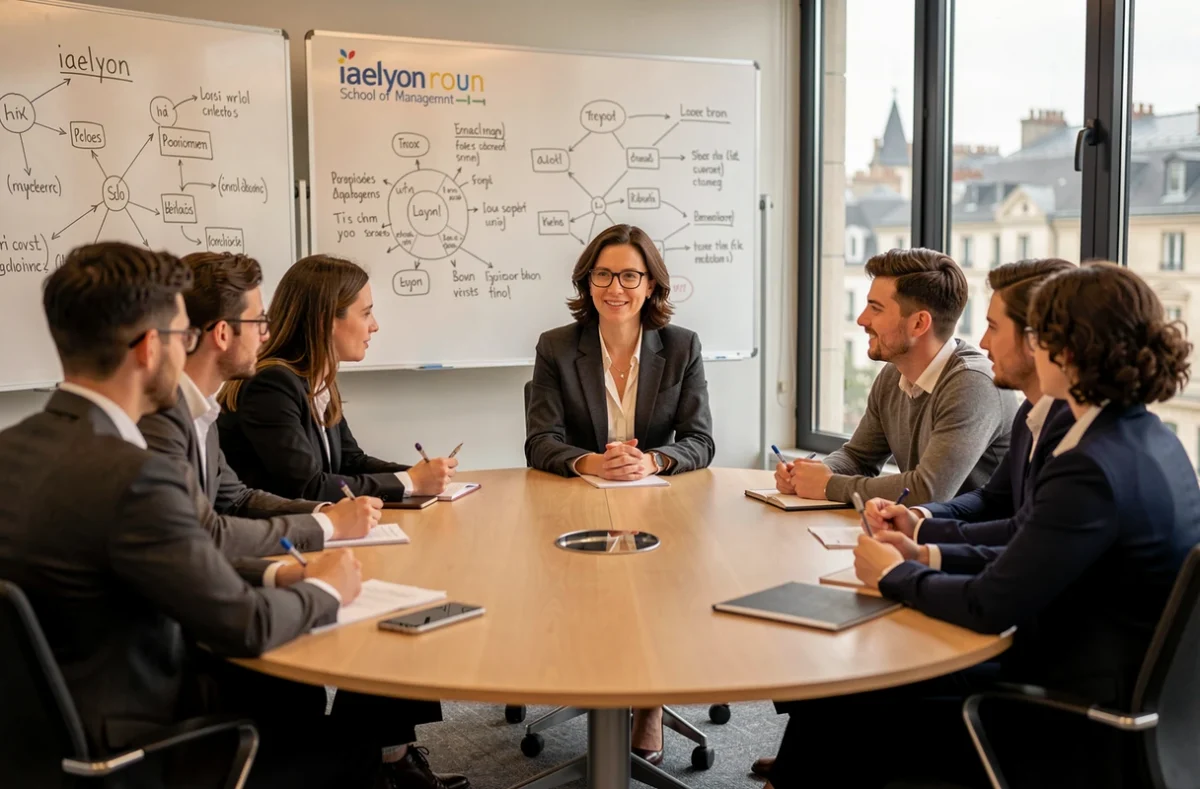 Professeure animant un séminaire de management avec des étudiants à l'iaelyon School of Management